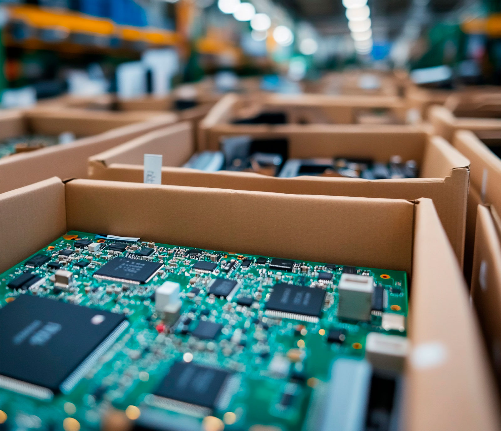 Scatole contenenti schede elettroniche pronte per l'imballaggio e la spedizione